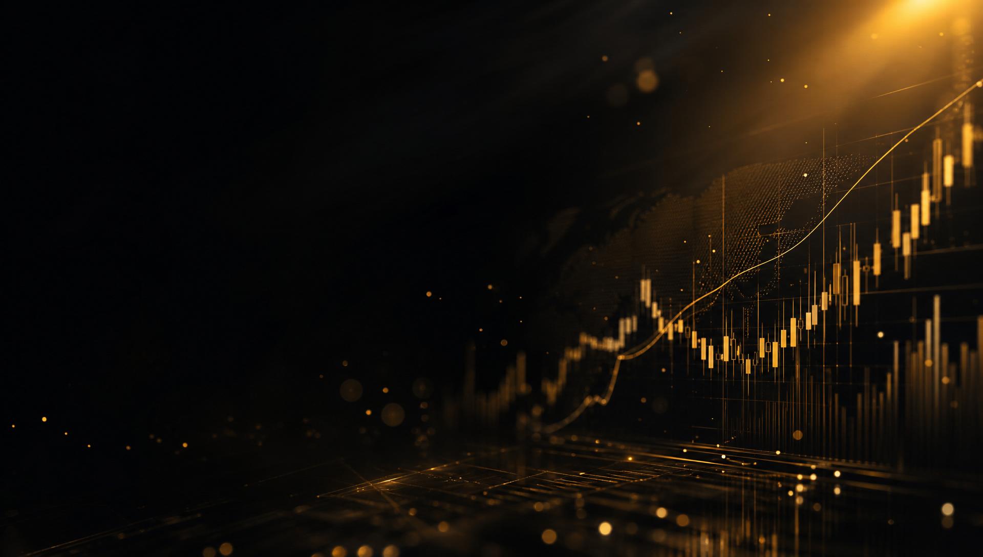 Dark abstract trading chart background with gold accents